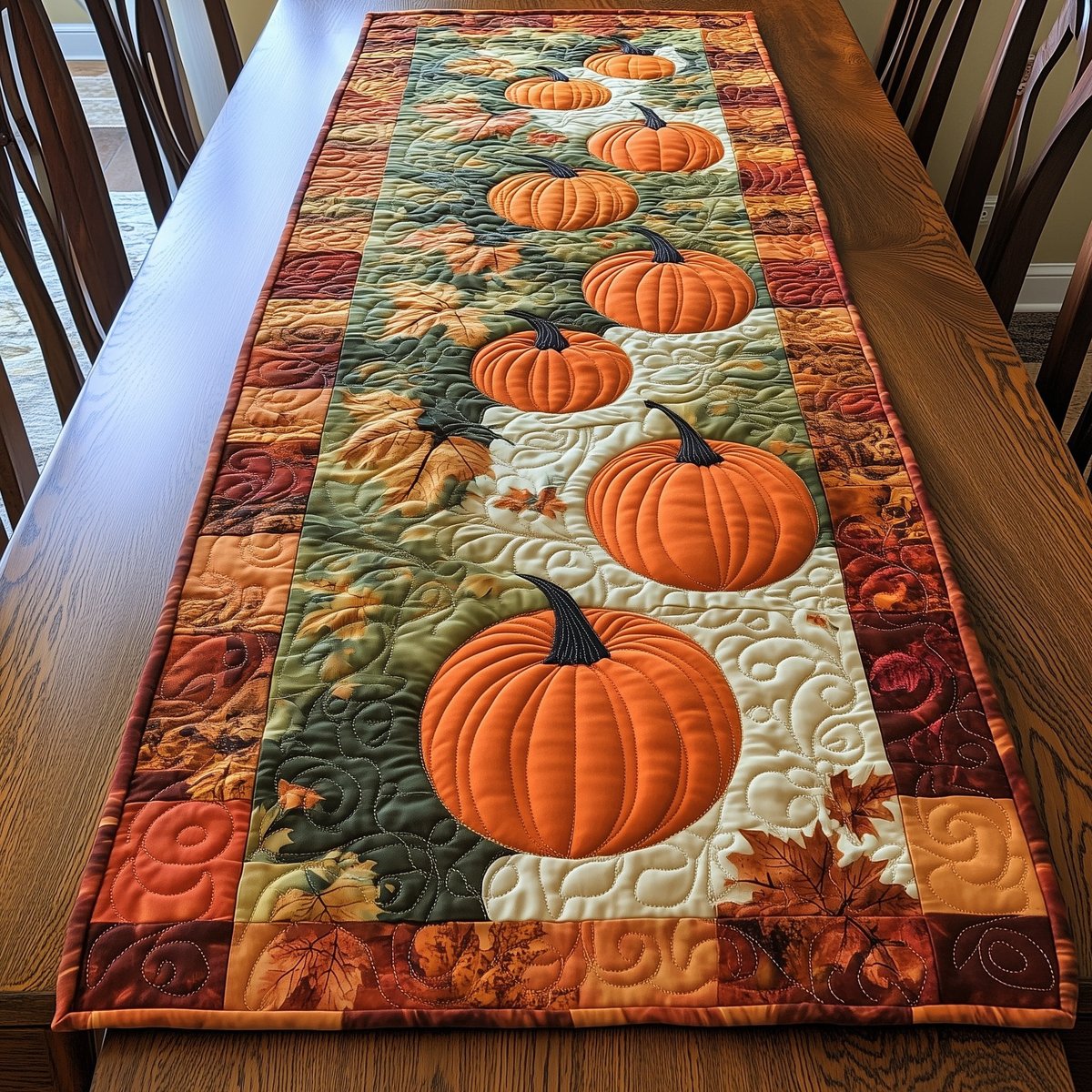 Pumpkins on Green with Autumn Border Table Runner - Made to Order TABLE928