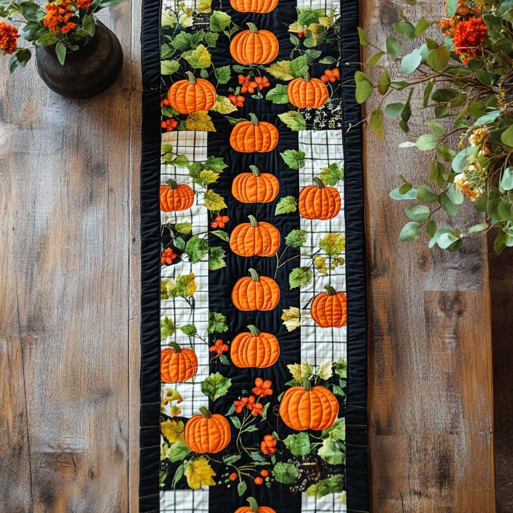 Pumpkins on Black Striped Panel Table Runner - Made to Order TABLE928