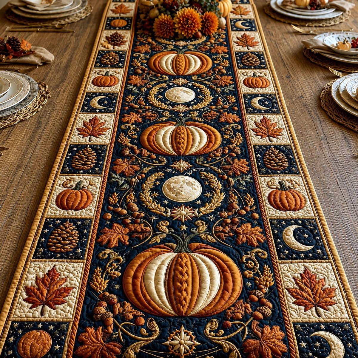 Pumpkin with Moon Phases on Dark Table Runner - Made to Order TABLE928