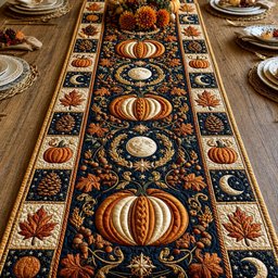 Pumpkin with Moon Phases on Dark Table Runner - Made to Order TABLE928