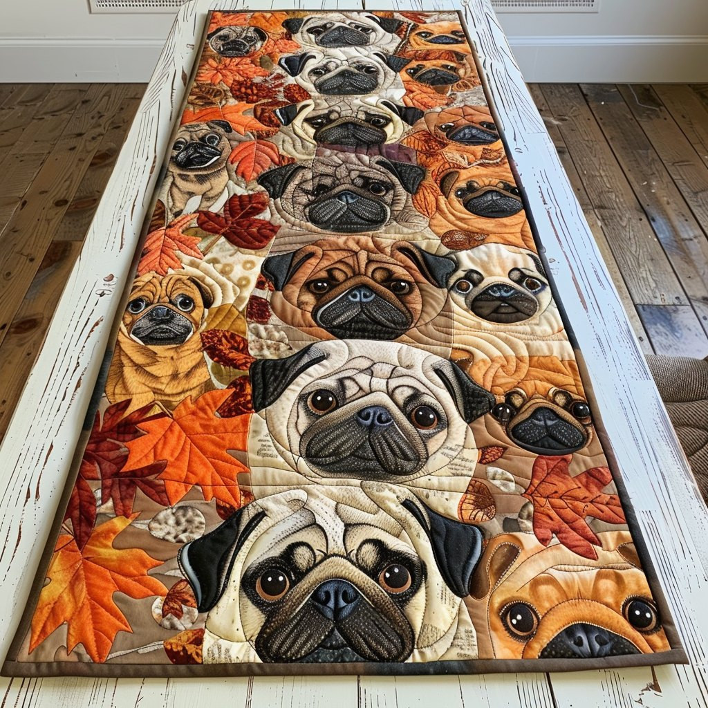 Pug Faces with Orange Maple Leaves Table Runner - Made to Order TABLE928