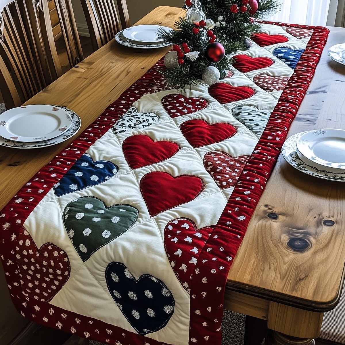 Polka Dot Hearts in Patchwork Blocks Table Runner - Made to Order TABLE928