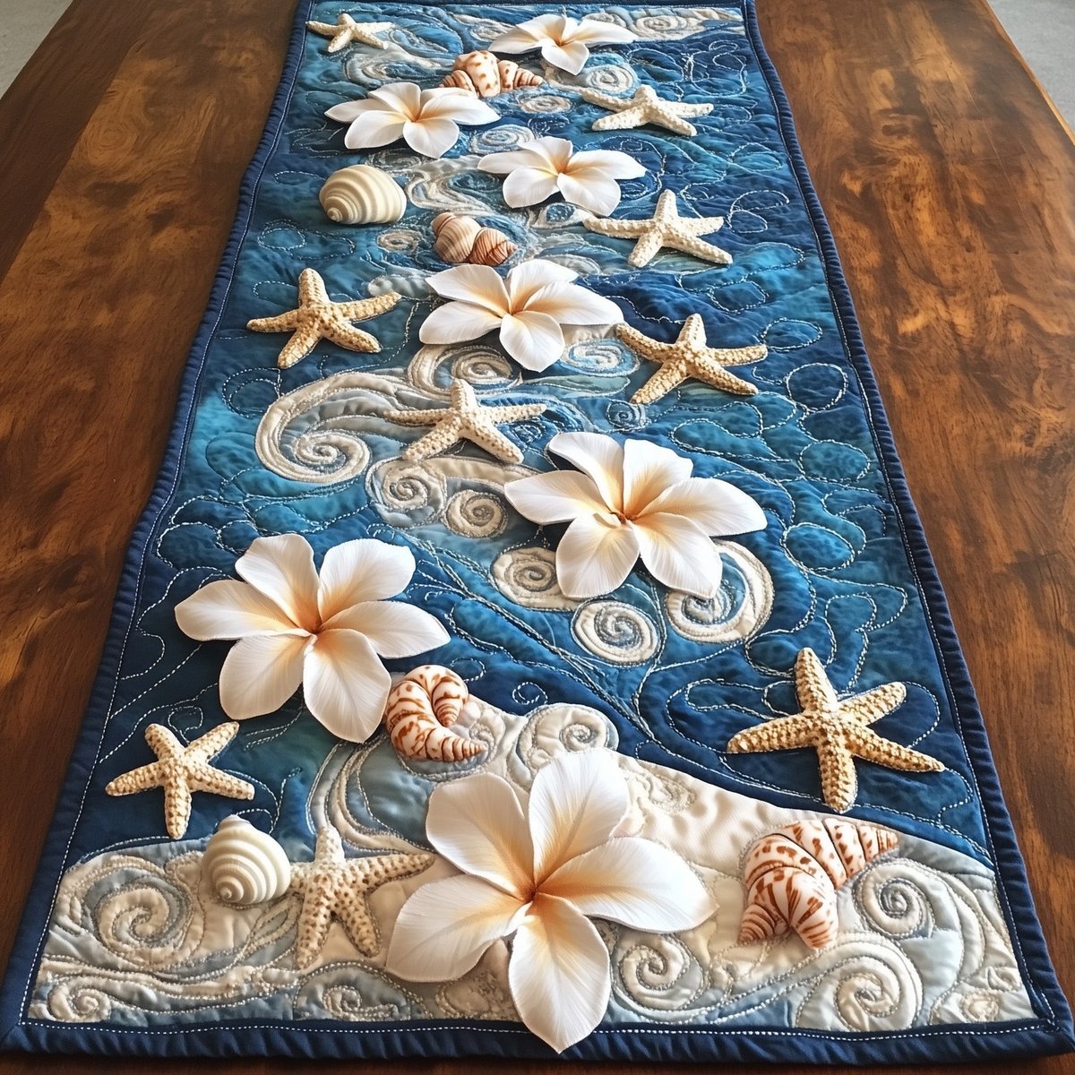Plumeria and Starfish on Blue Waves Table Runner - Made to Order TABLE928