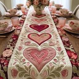 Pink and Red Hearts on Cream Panel Table Runner - Made to Order TABLE928