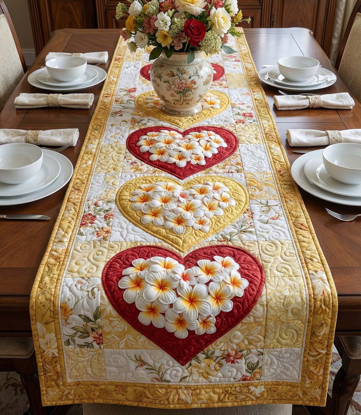 Plumeria Heart on Golden Panel Table Runner - Made to Order TABLE928