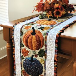 Pumpkins on Cream and Plaid Table Runner - Made to Order TABLE928