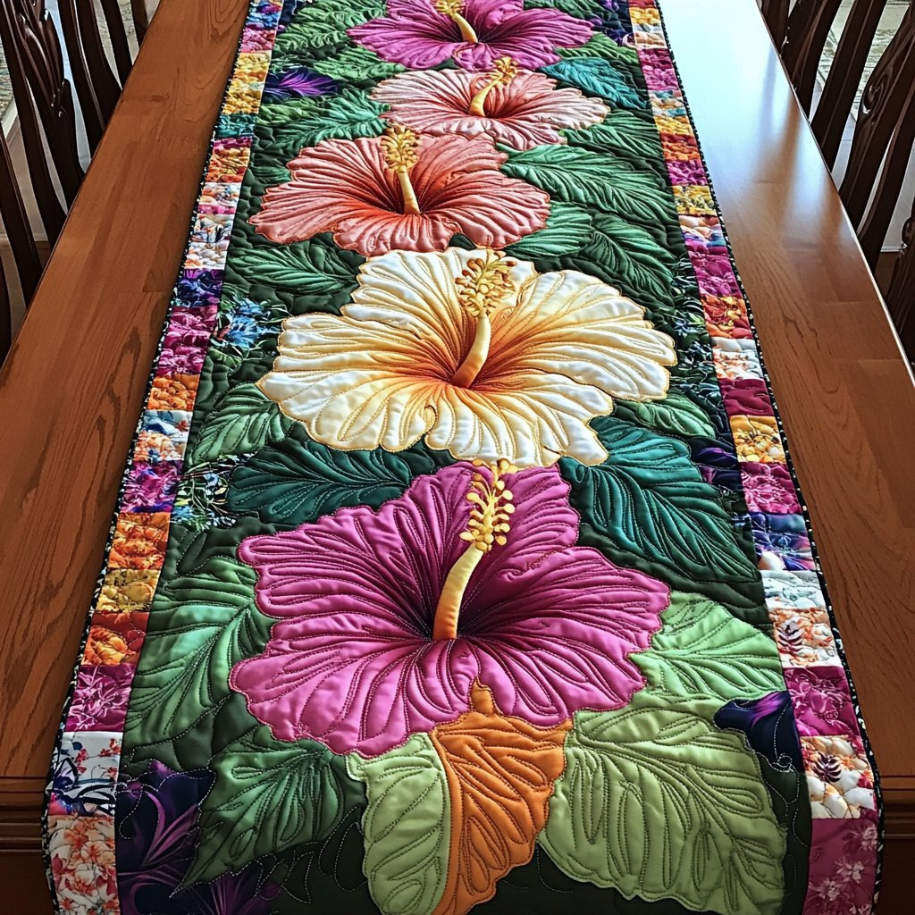 Pink and Cream Hibiscus Blooms Table Runner - Made to Order TABLE928