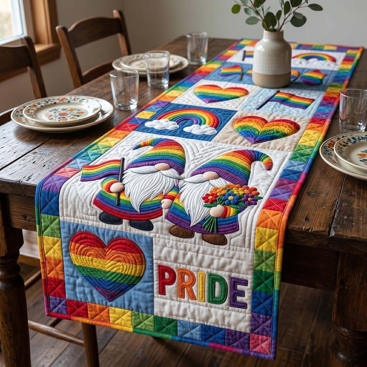 Pride Gnomes with Rainbow Heart Table Runner - Made to Order TABLE928