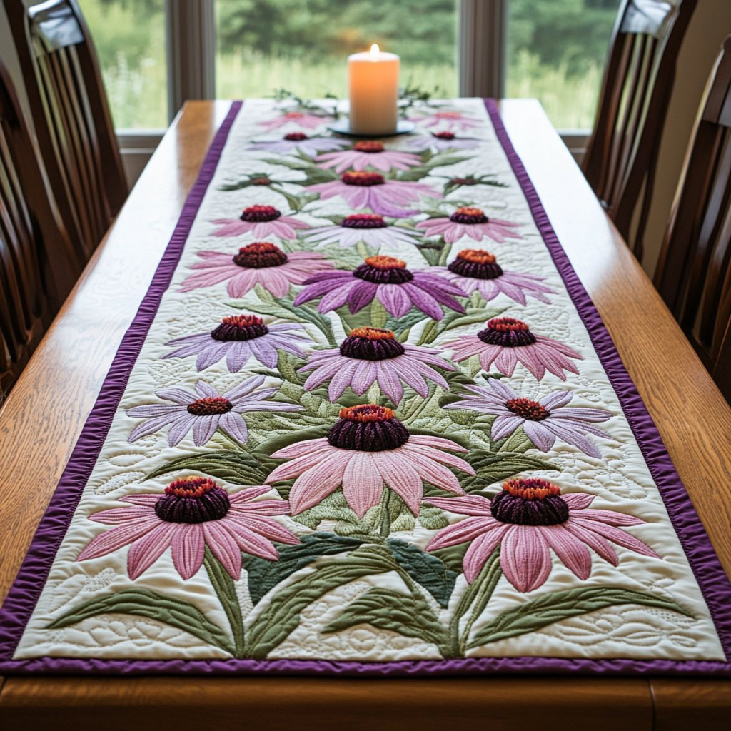 Pink Coneflowers on Cream Table Runner - Made to Order TABLE928