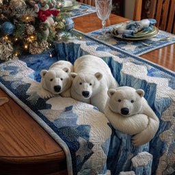 Polar Bear Family on Blue Table Runner - Made to Order TABLE928