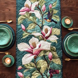 Pink Magnolia on Green Ground Table Runner - Made to Order TABLE928