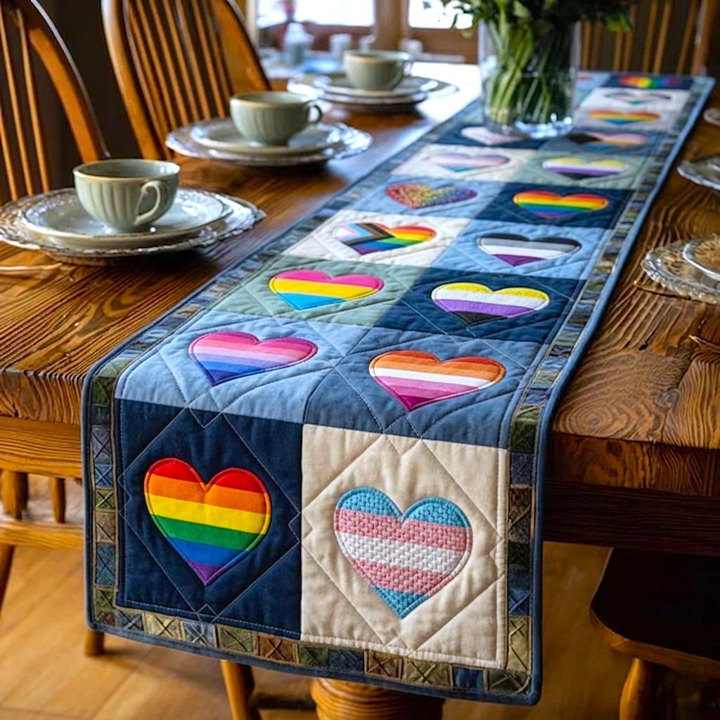 Pride Heart Blocks on Denim Table Runner - Made to Order TABLE928