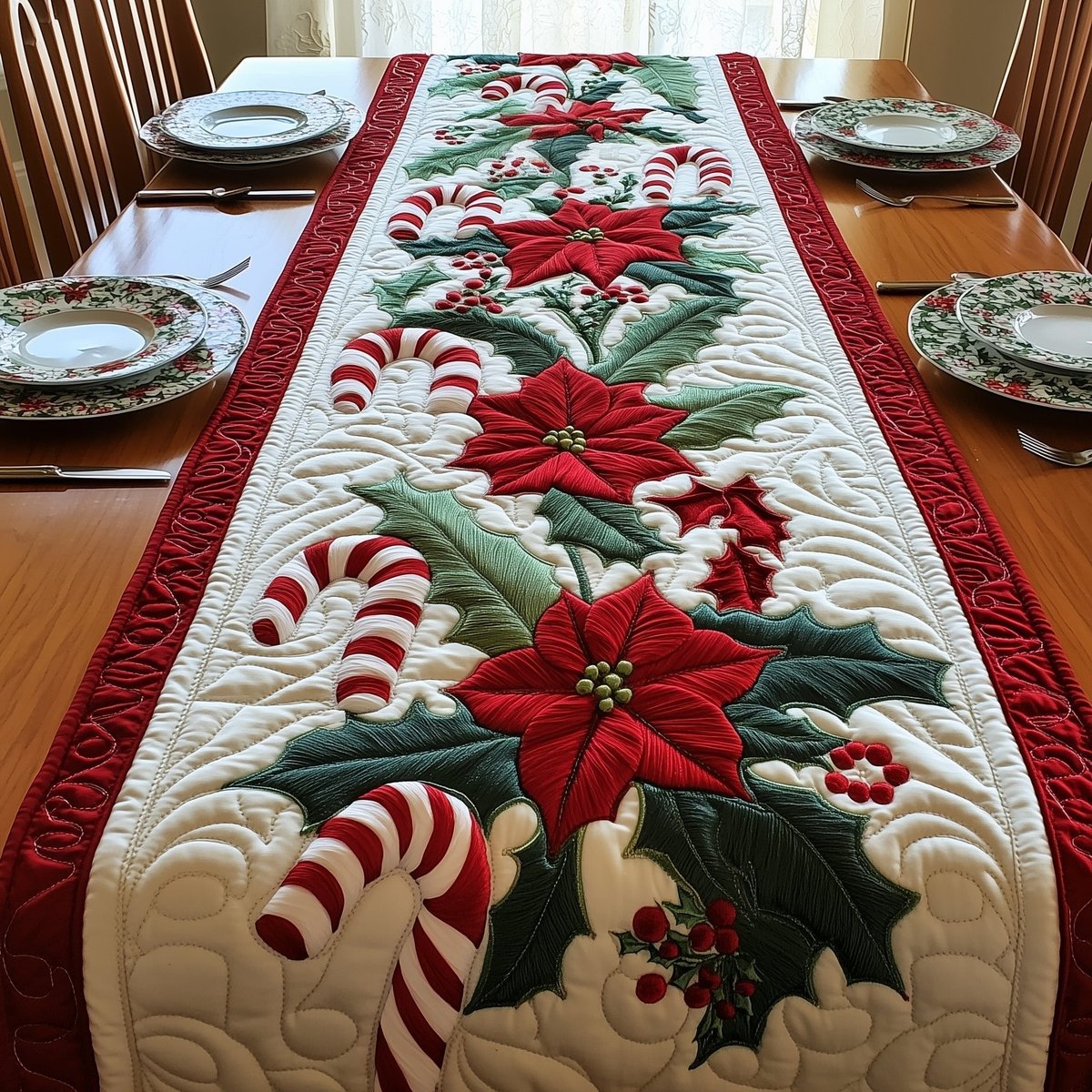 Poinsettias with Candy Canes Table Runner - Made to Order TABLE928