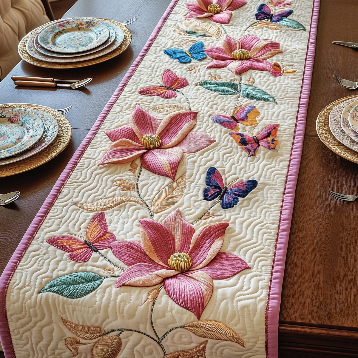 Pink Magnolia with Blue Butterflies Table Runner - Made to Order TABLE928