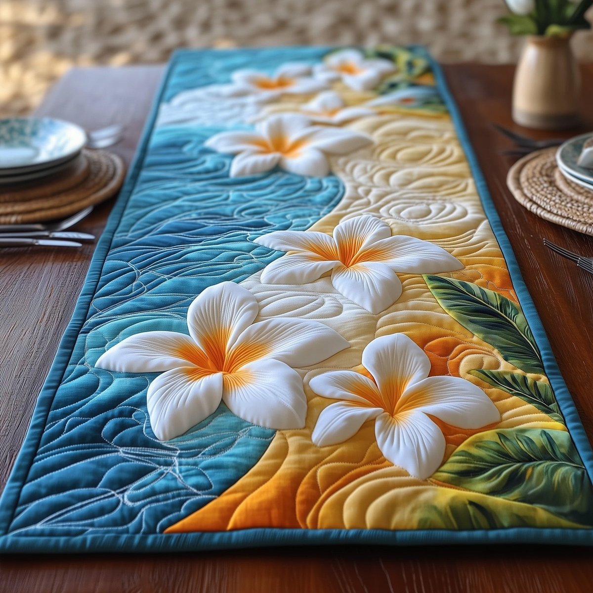 Plumeria Blooms on Aqua Water Table Runner - Made to Order TABLE928