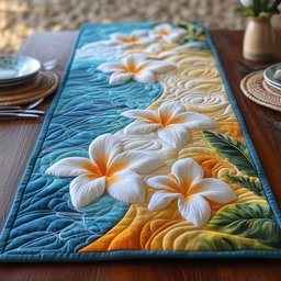 Plumeria Blooms on Aqua Water Table Runner - Made to Order TABLE928