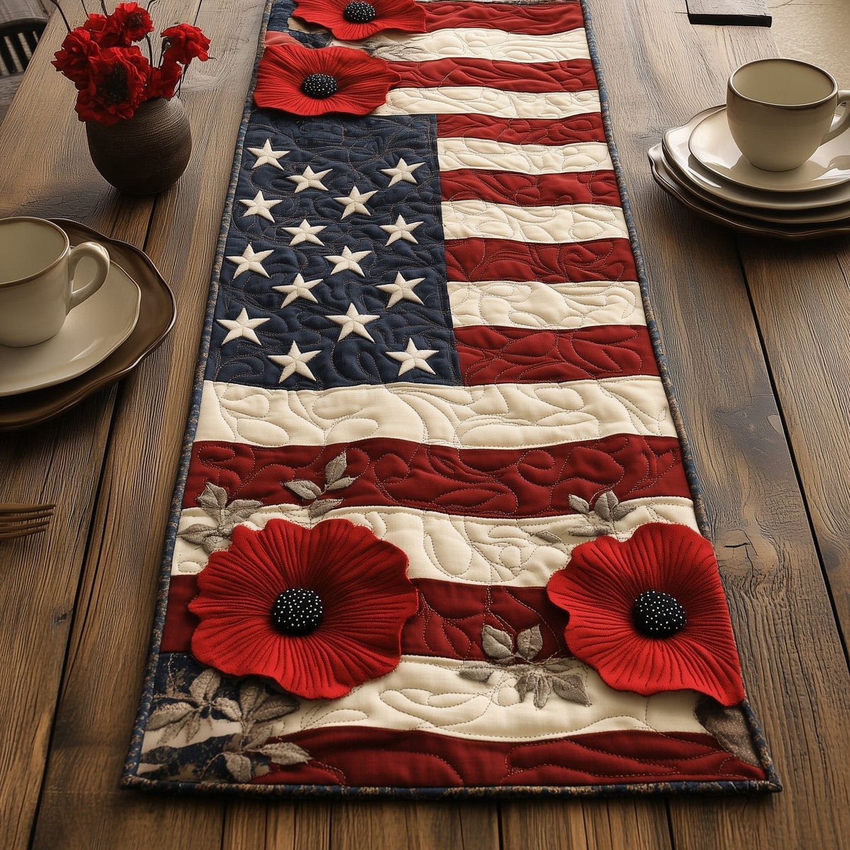 Poppies Along Red and White Stripes Table Runner - Made to Order TABLE928