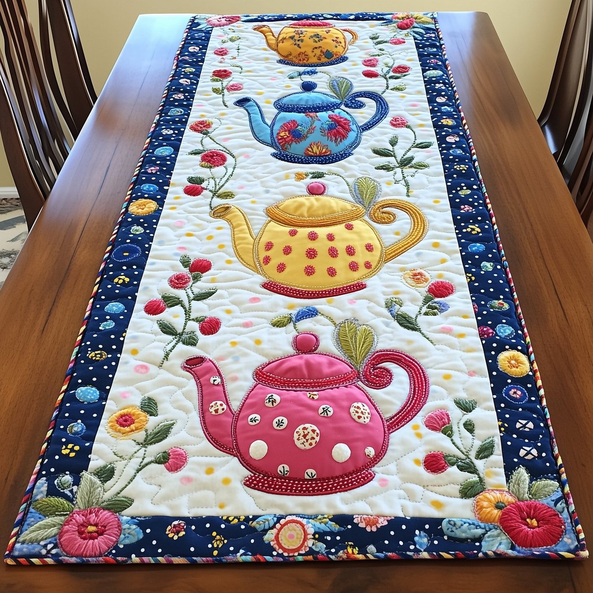 Pink and Yellow Teapots on Cream Table Runner - Made to Order TABLE928