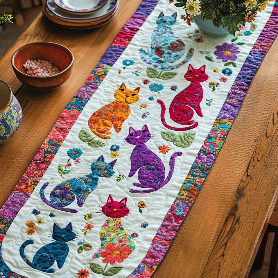 Playful Floral Cats Table Runner - Made to Order TABLE928