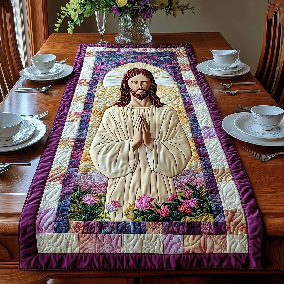Praying Jesus over Pink Flower Garden Table Runner - Made to Order TABLE928