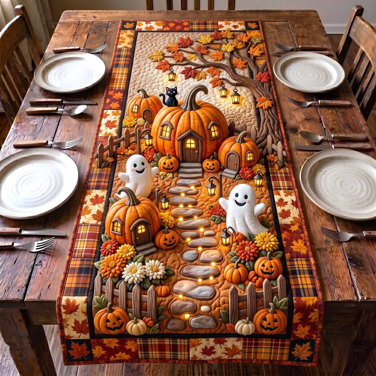 Pumpkins and Ghosts on Garden Path Table Runner - Made to Order TABLE928