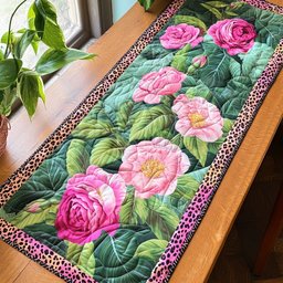 Pink Roses with Leopard Border Table Runner - Made to Order TABLE928