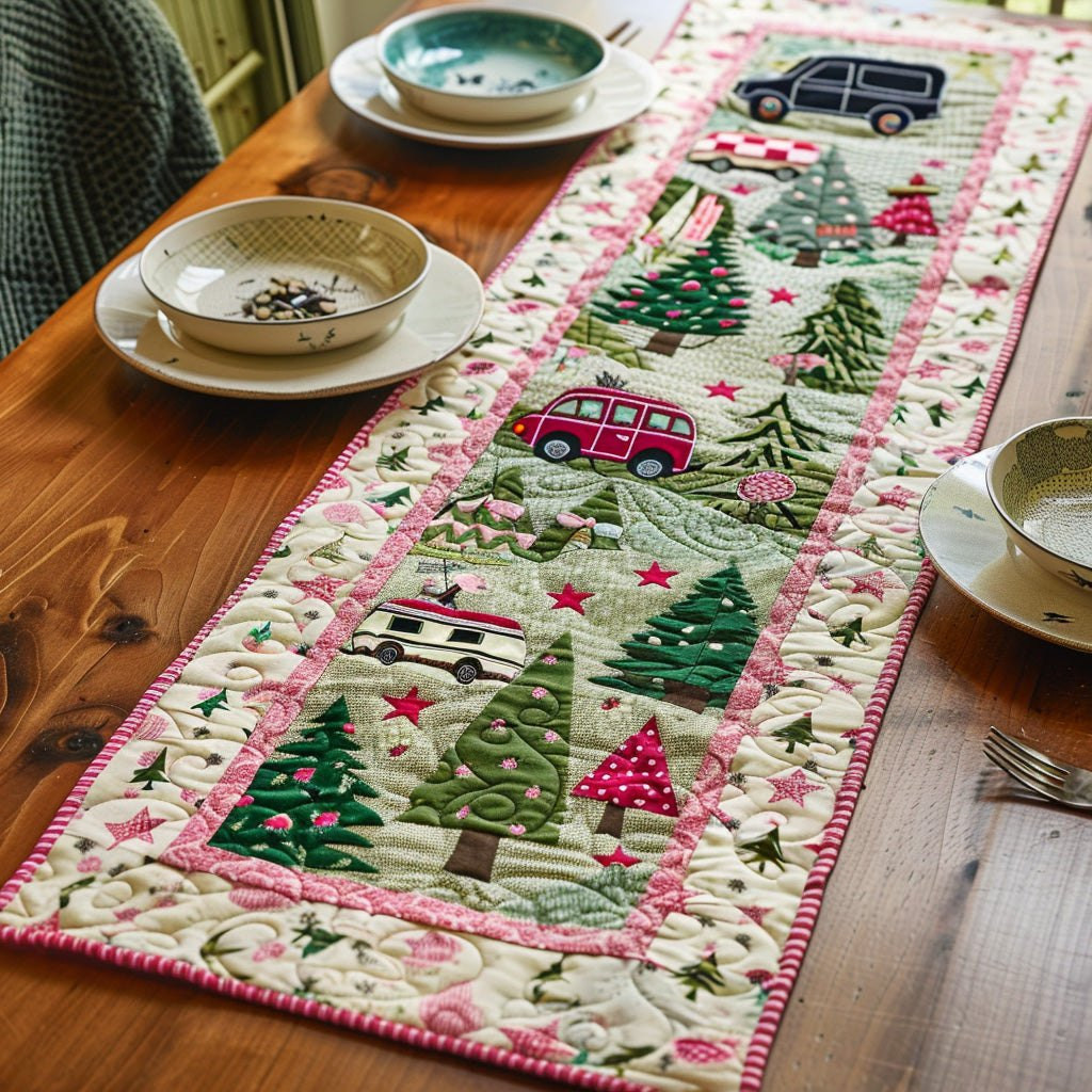 Pink Camper with Christmas Trees Table Runner - Made to Order TABLE928