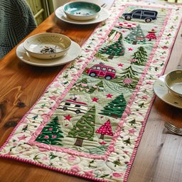 Pink Camper with Christmas Trees Table Runner - Made to Order TABLE928