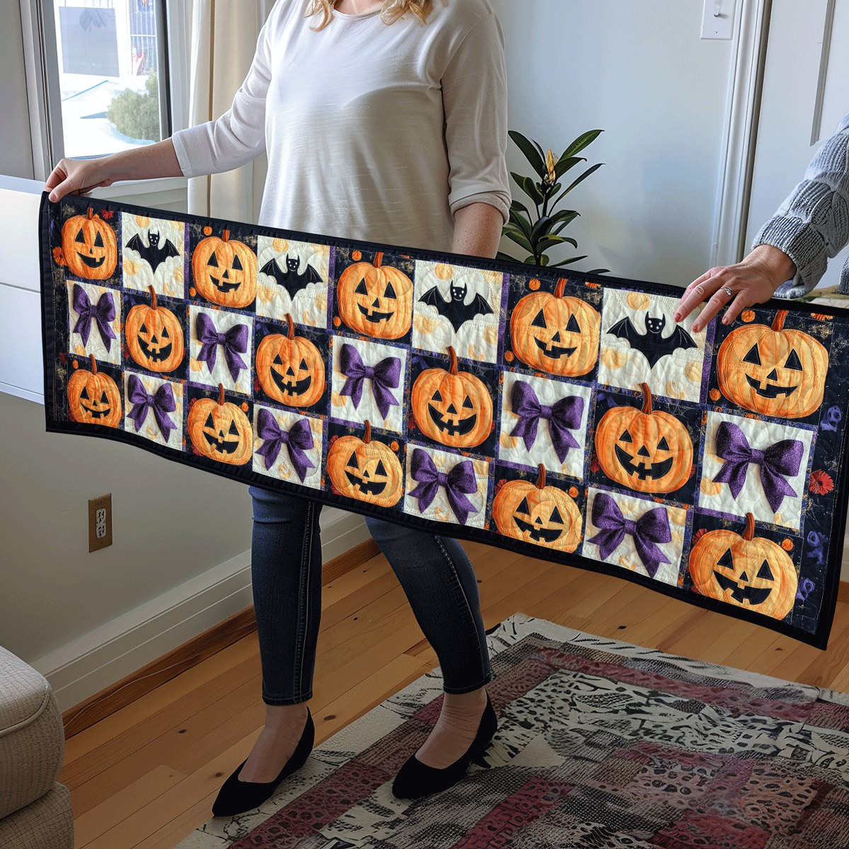 Pumpkin and Bat Blocks in Purple Table Runner - Made to Order TABLE928