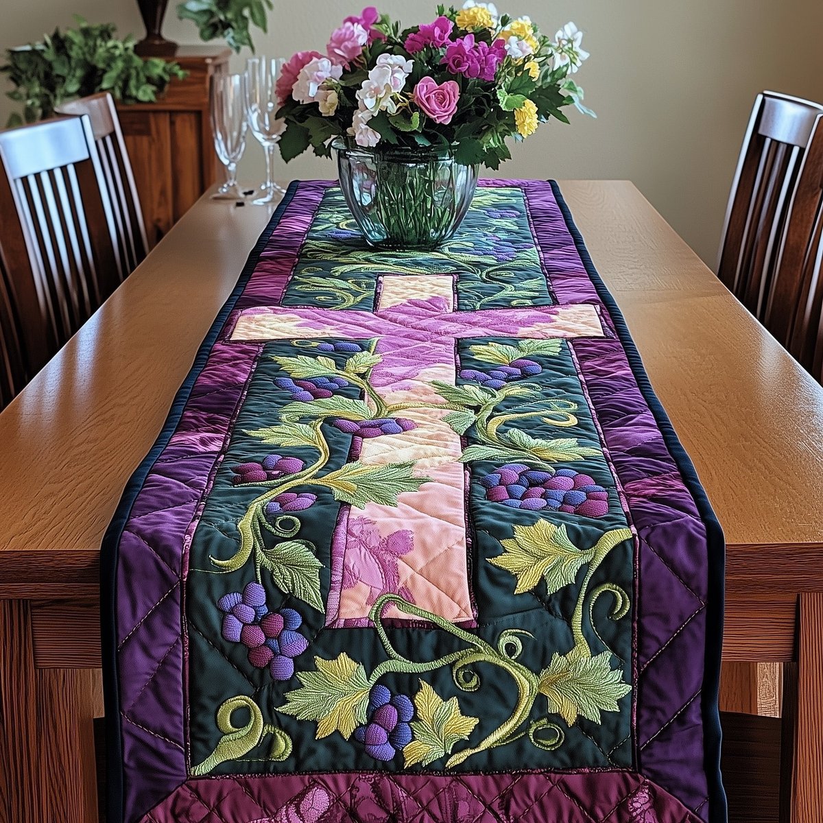 Pink Cross with Grapevine on Navy Table Runner - Made to Order TABLE928