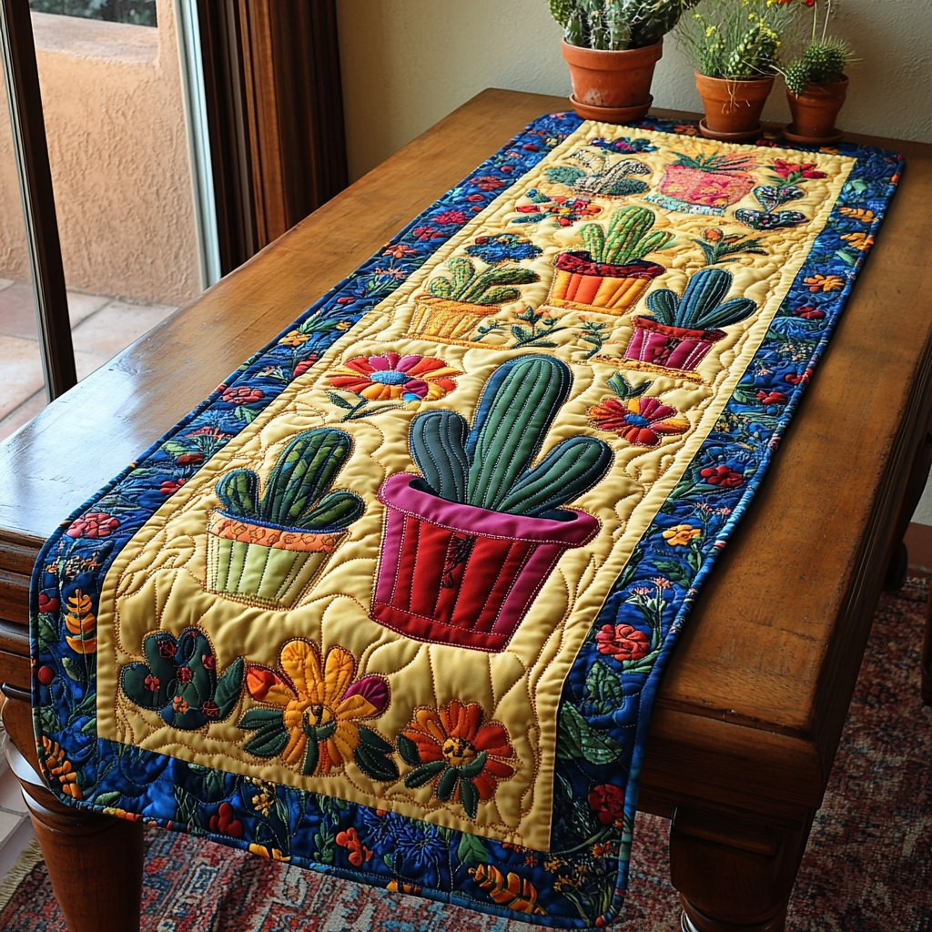 Potted Cactus Garden on Gold Table Runner - Made to Order TABLE928