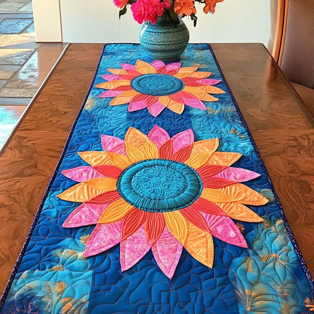 Pink and Orange Sunflowers on Blue Table Runner - Made to Order TABLE928