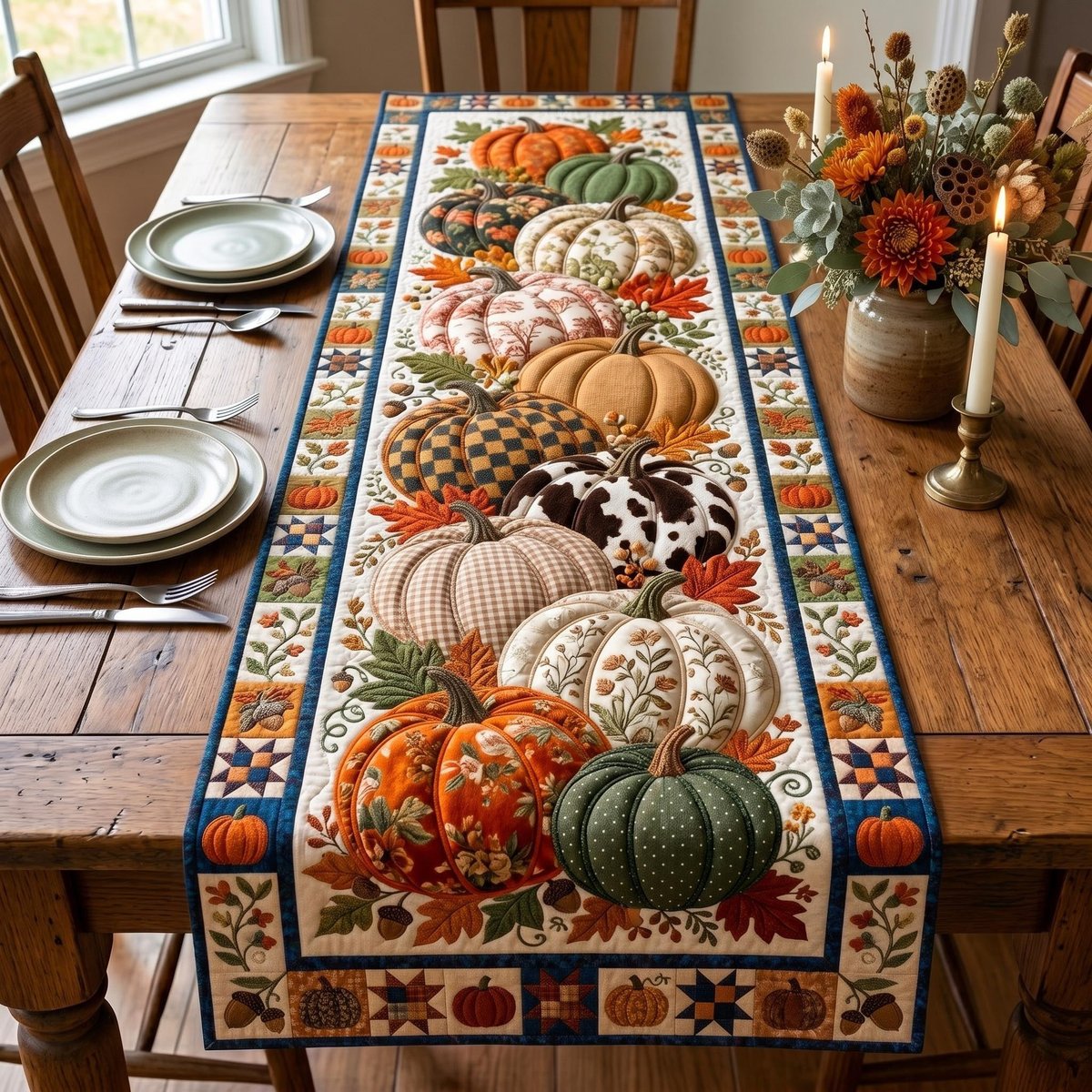 Pumpkin Pile with Plaid Blocks Table Runner - Made to Order TABLE928