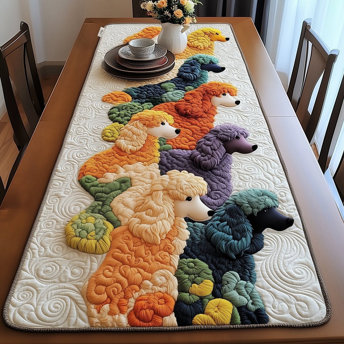 Poodles in Orange Green and Purple Table Runner - Made to Order TABLE928