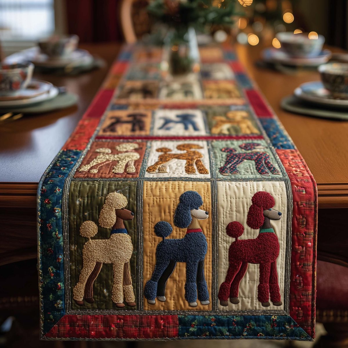 Poodles in Olive and Red Blocks Table Runner - Made to Order TABLE928