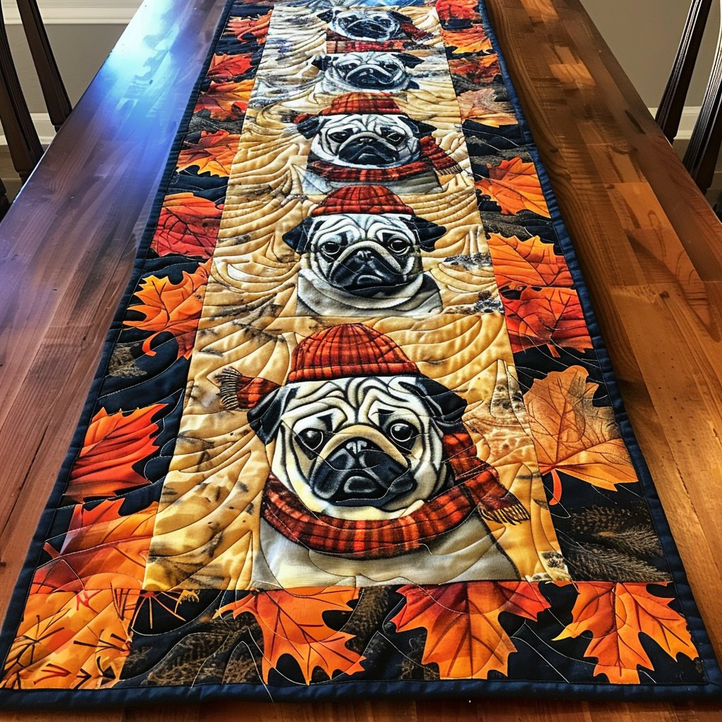 Pug in Red Beanie with Maple Leaves Table Runner - Made to Order TABLE928