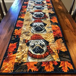 Pug in Red Beanie with Maple Leaves Table Runner - Made to Order TABLE928