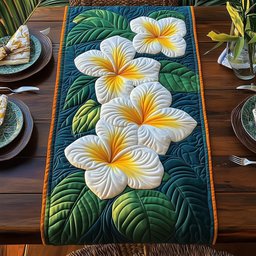 Plumeria and Green Leaves on Navy Table Runner - Made to Order TABLE928