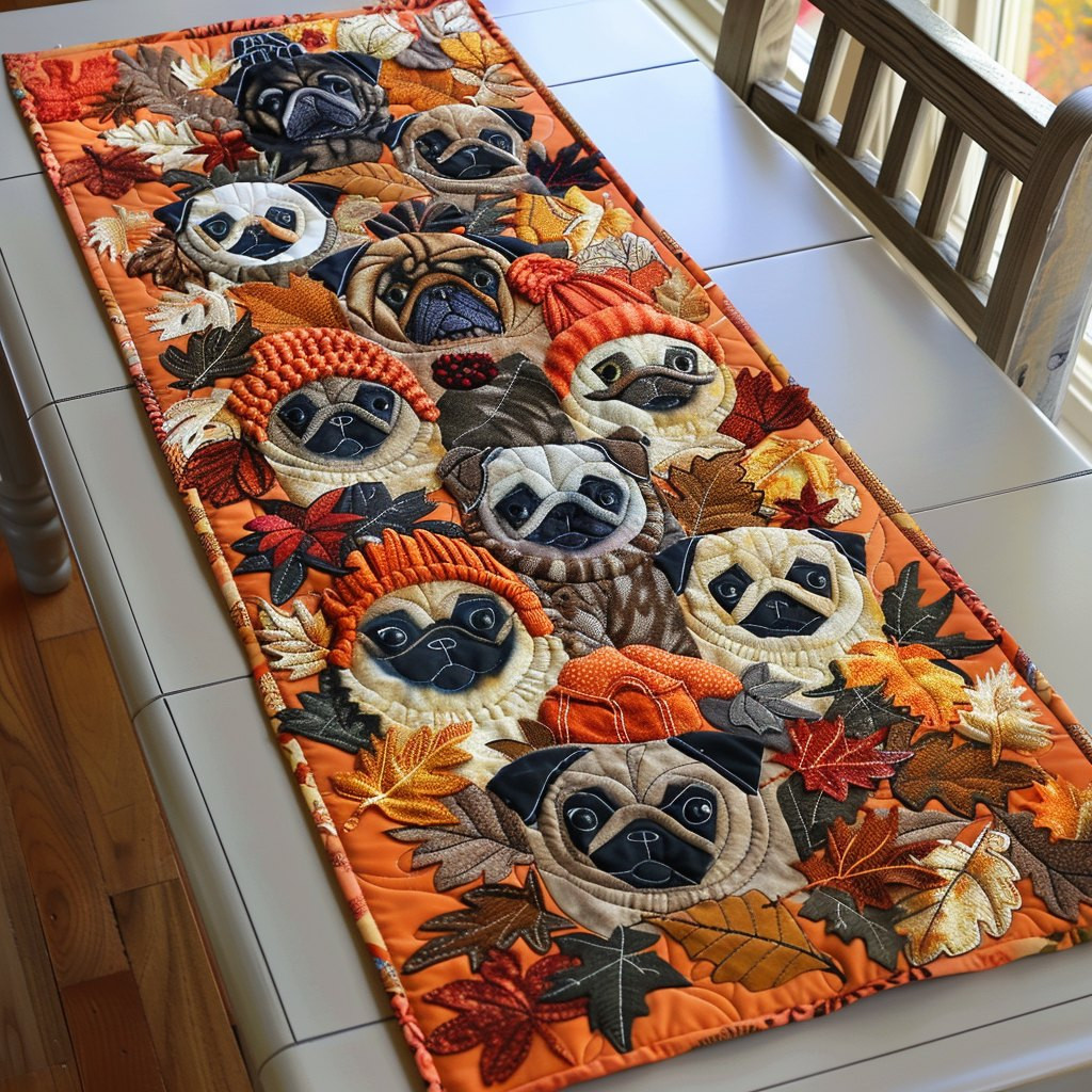 Pug Portraits Among Fall Leaves Table Runner - Made to Order TABLE928