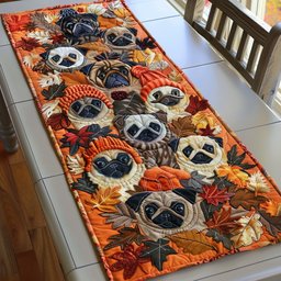 Pug Portraits Among Fall Leaves Table Runner - Made to Order TABLE928