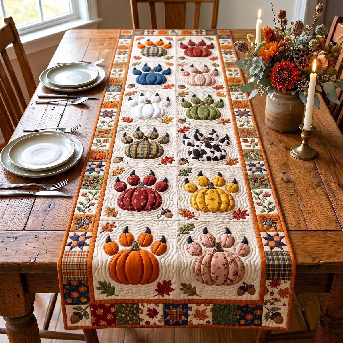Pumpkin Blocks in Cream and Gold Table Runner - Made to Order TABLE928