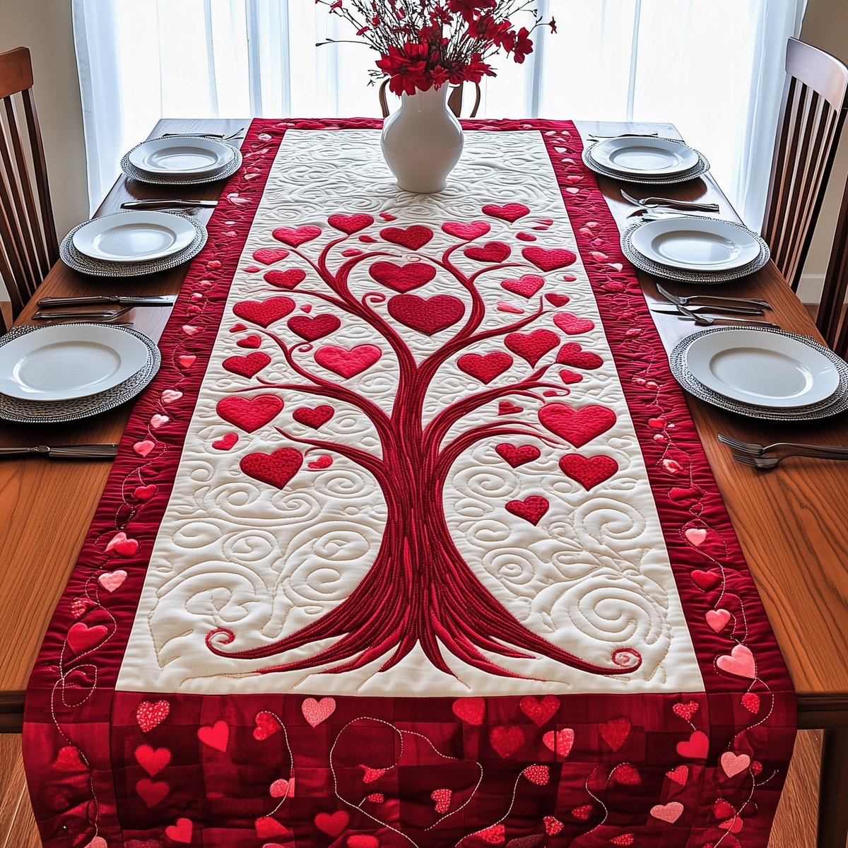 Pink Heart Tree with Deep Red Border Table Runner - Made to Order TABLE928