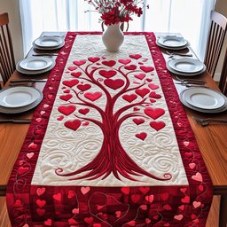 Pink Heart Tree with Deep Red Border Table Runner - Made to Order TABLE928