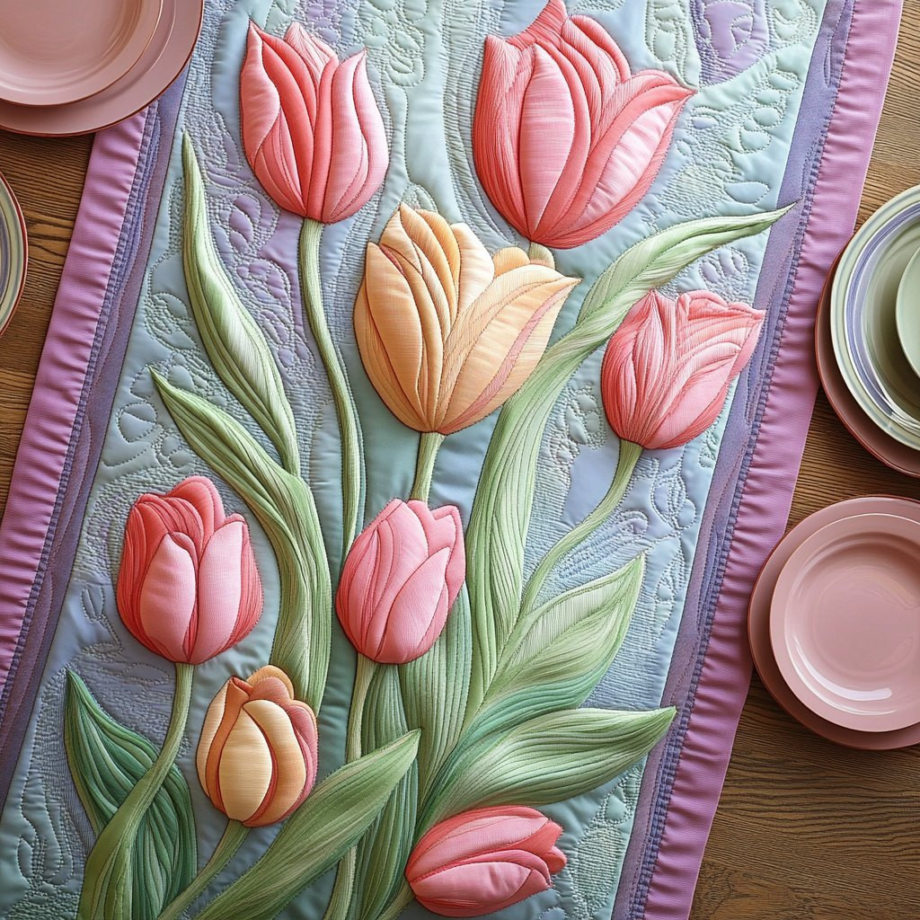 Pink Tulips on Pale Blue Table Runner - Made to Order TABLE928