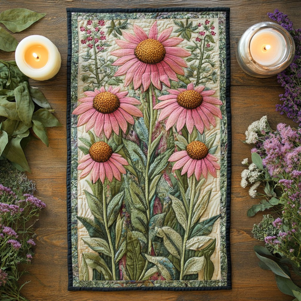 Pink Coneflowers on Green Stems Table Runner - Made to Order TABLE928