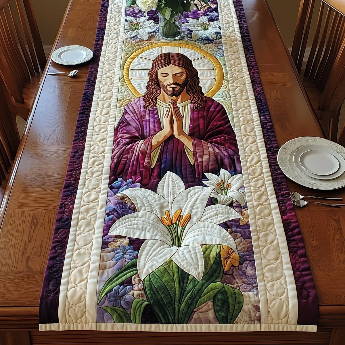 Praying Jesus with White Lilies Table Runner - Made to Order TABLE928