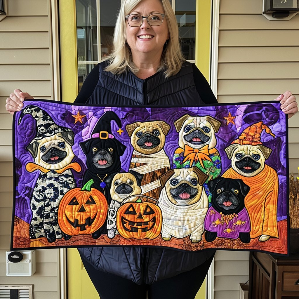 Pugs in Halloween Costumes with Pumpkins Table Runner - Made to Order TABLE928