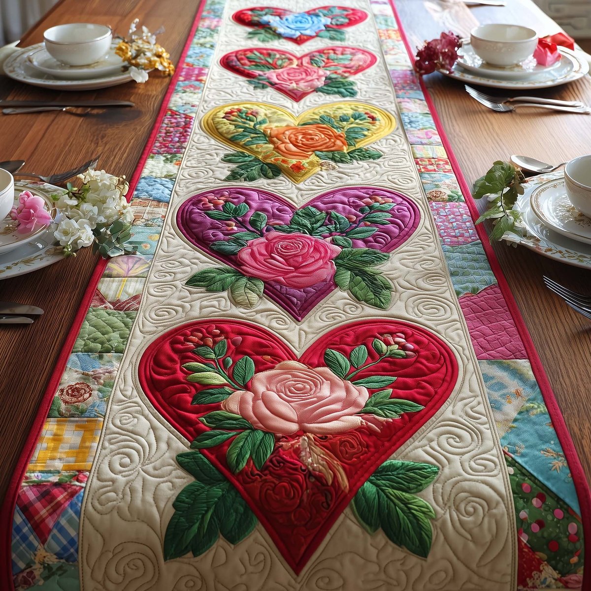 Pink Rose Heart on Cream Table Runner - Made to Order TABLE928