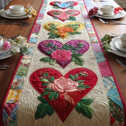 Pink Rose Heart on Cream Table Runner - Made to Order TABLE928