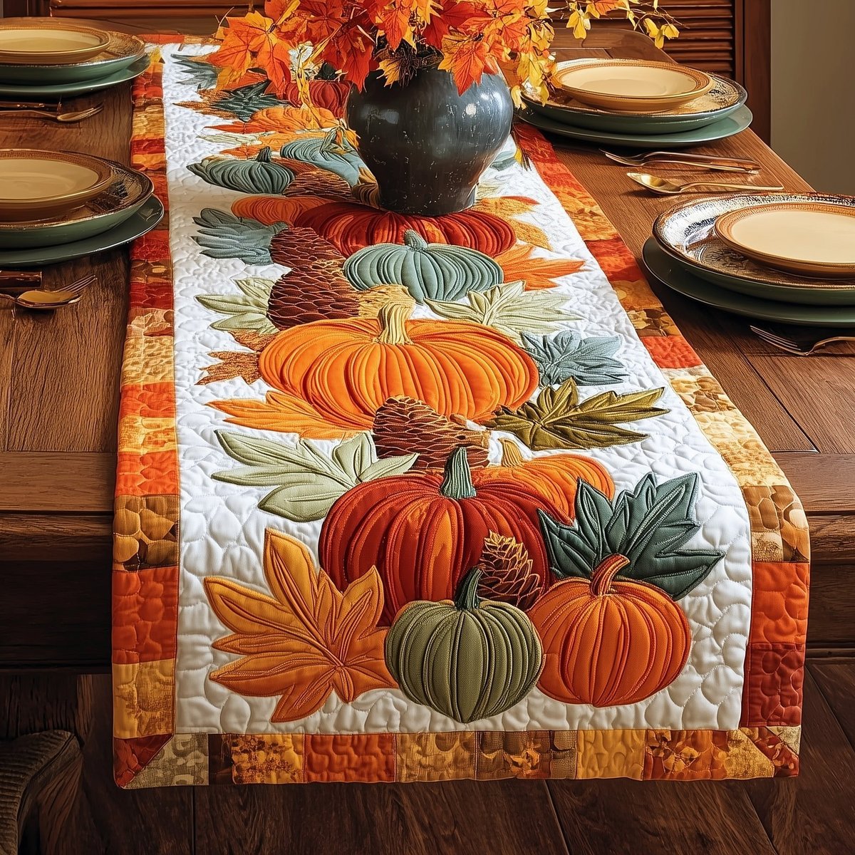 Pumpkins and Leaves with Orange Border Table Runner - Made to Order TABLE928
